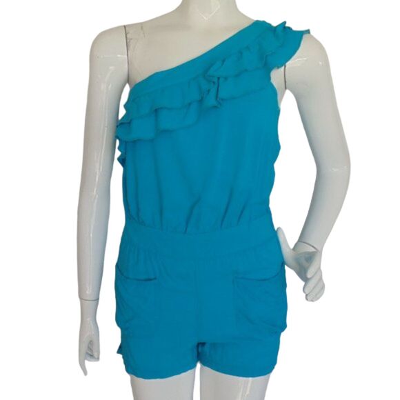 2B Bebe Pants - 2B BEBE Romper, S, Ruffle One shoulder, Short, Blue, Pockets